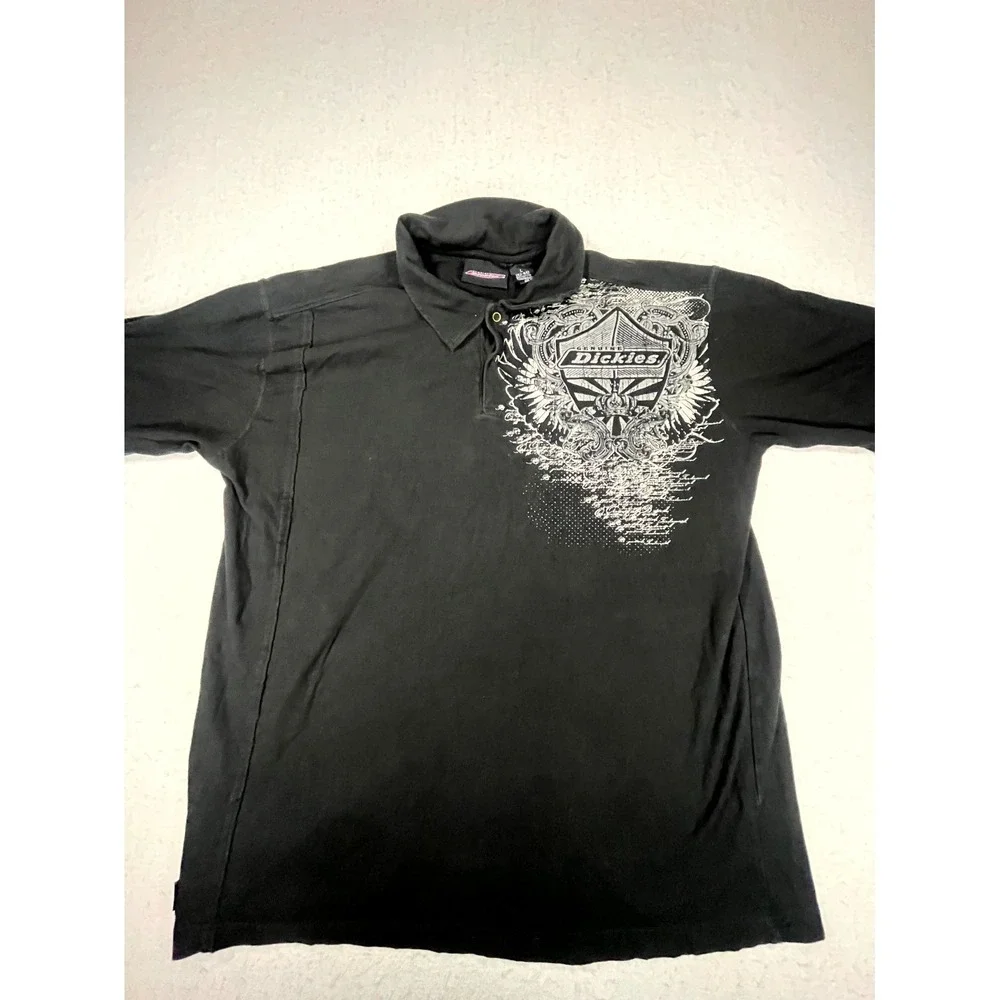 Y2K Dickies Polo Shirt Mens L(42-44) Black Cotton Skull Wings Tattoo Gothic Golf